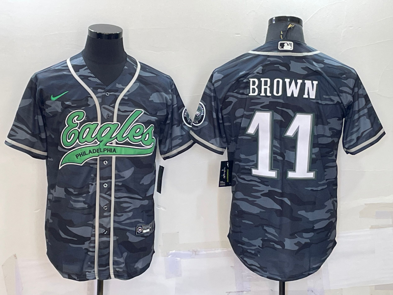 Men's Philadelphia Eagles #11 A. J. Brown Grey Camo With Patch Cool Base Stitched Baseball Jersey Men's Philadelphia Eagles #11 A. J. Brown Grey Camo With Patch Cool Base Stitched Baseball Jersey