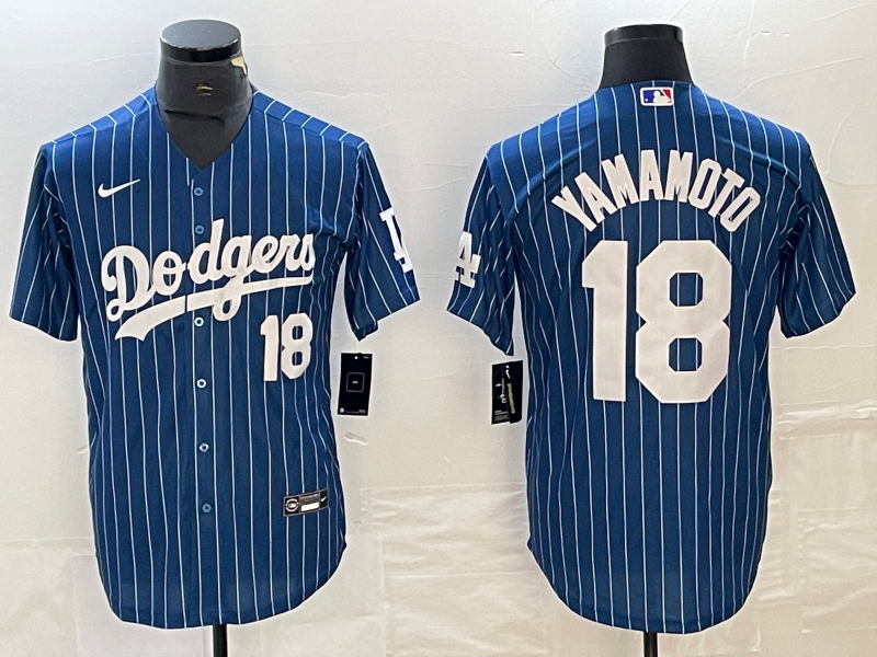 Men's Los Angeles Dodgers #18 Yoshinobu Yamamoto Blue Stripe 2023 Cool Base Stitched Baseball Jersey