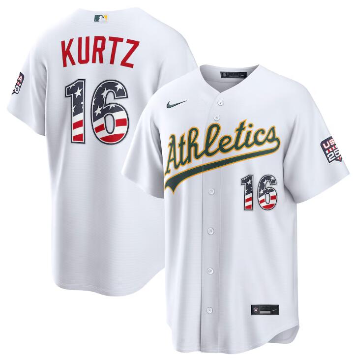 Men's Oakland Athletics #16 Nick Kurtz White 250 Fourth of July Home Stadium Stitched Baseball Jersey