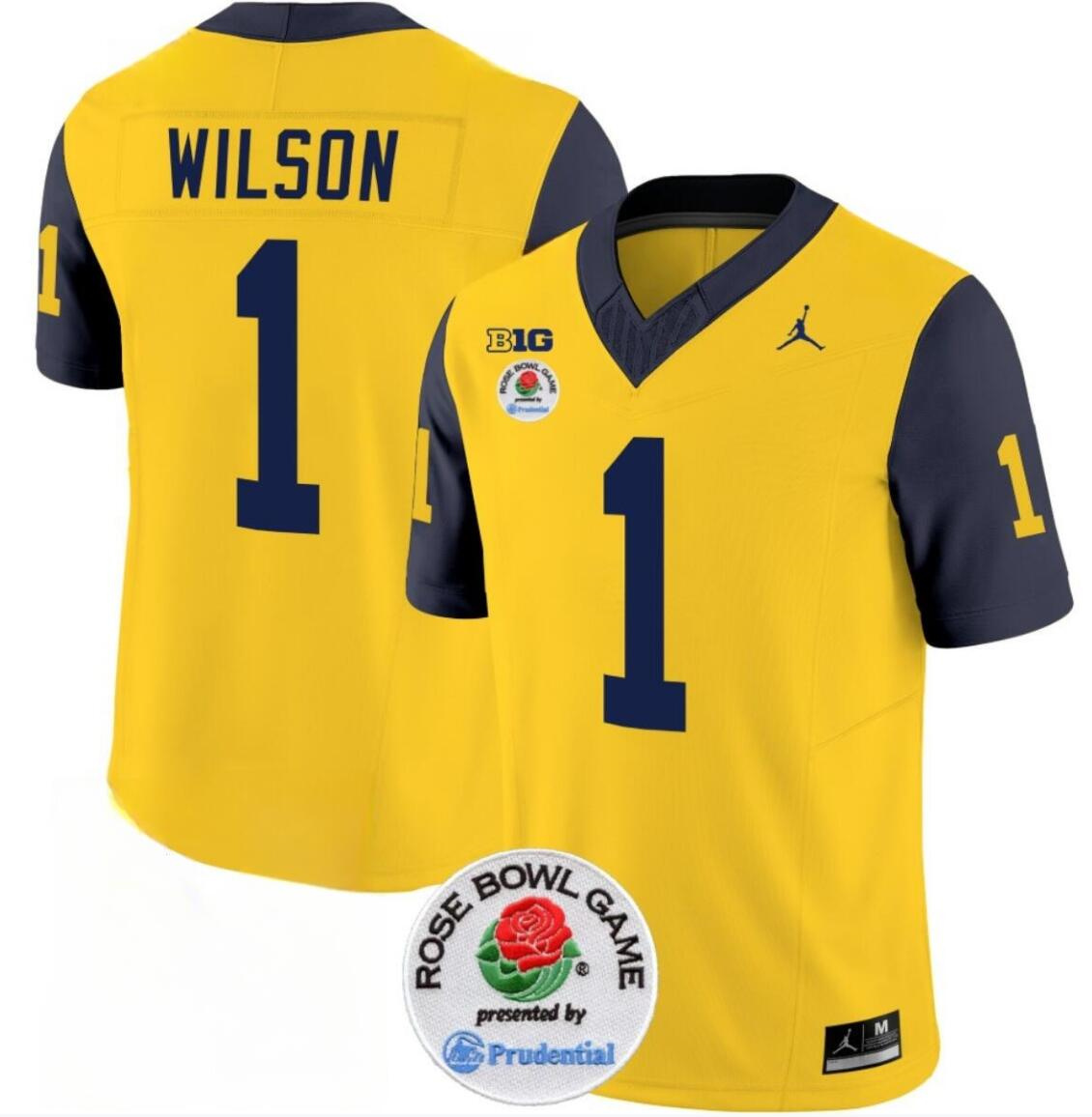 Men's Michigan Wolverines #1 Roman Wilson 2023 F.U.S.E. Yellow/Navy Rose Bowl Patch Stitched Jersey Men's Michigan Wolverines #1 Roman Wilson 2023 F.U.S.E. Yellow/Navy Rose Bowl Patch Stitched Jersey