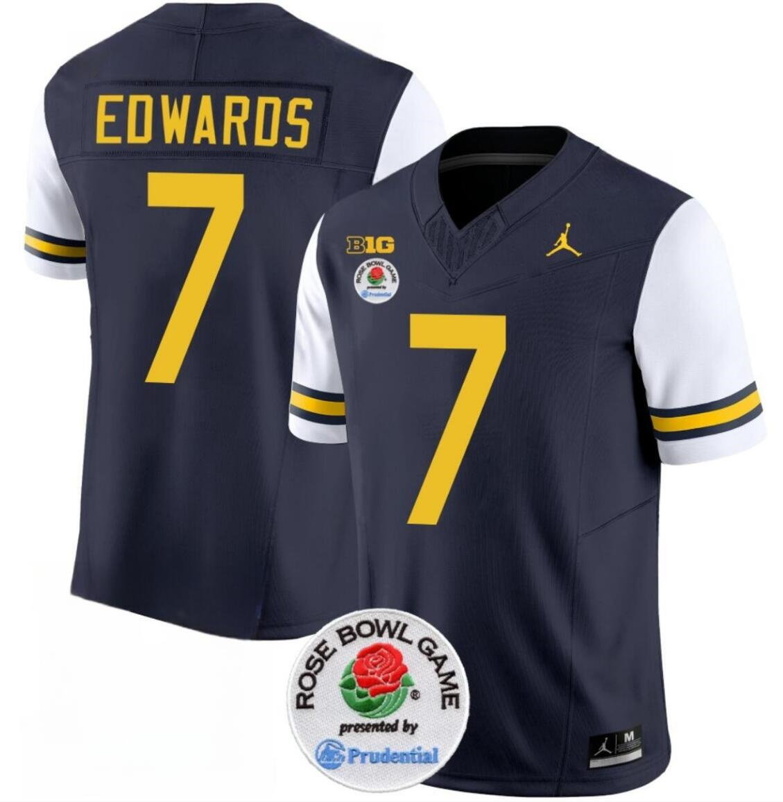 Men's Michigan Wolverines #7 Donovan Edwards 2023 F.U.S.E. Navy/White Rose Bowl Patch Stitched Jersey Men's Michigan Wolverines #7 Donovan Edwards 2023 F.U.S.E. Navy/White Rose Bowl Patch Stitched Jersey
