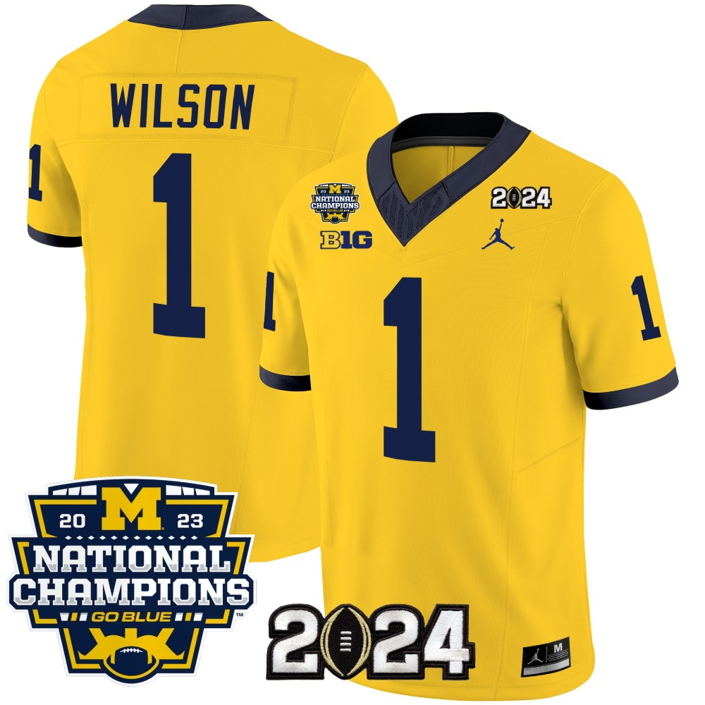 Men's Michigan Wolverines #1 Roman Wilson Yellow 2024 F.U.S.E. With 2023 National Champions Patch Stitched Jersey Men's Michigan Wolverines #1 Roman Wilson Yellow 2024 F.U.S.E. With 2023 National Champions Patch Stitched Jersey