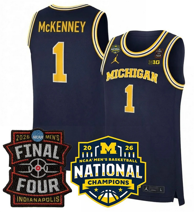 Men's Michigan Wolverines #1 Trey McKenney Navy 2025/26 Final Four & National Champions Patch Stitched Basketball Jersey