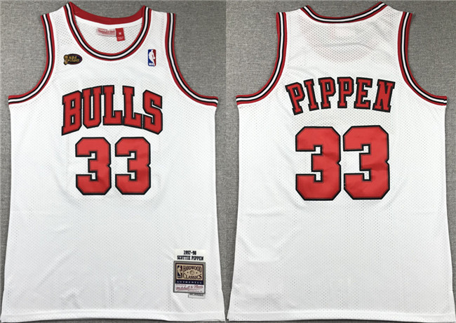Men's Chicago Bulls #33 Scottie Pippen White 1997-98 Stitched Basketball Jersey Men's Chicago Bulls #33 Scottie Pippen White 1997-98 Stitched Basketball Jersey