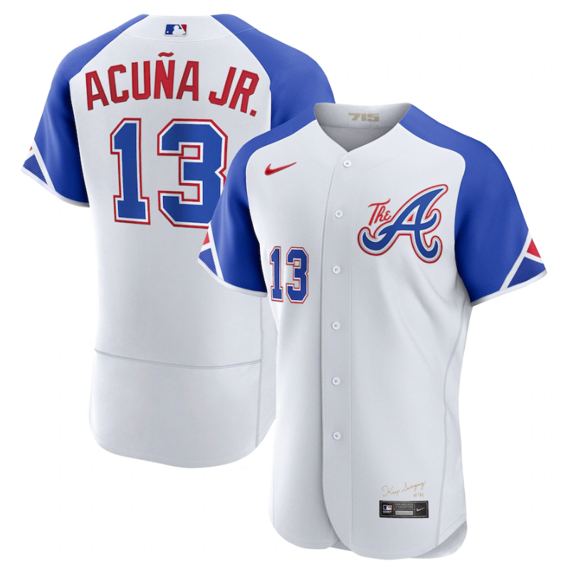Men's Atlanta Braves #13 Ronald Acuña Jr. White 2023 City Connect Flex Base Stitched Jersey Men's Atlanta Braves #13 Ronald Acuña Jr. White 2023 City Connect Flex Base Stitched Jersey
