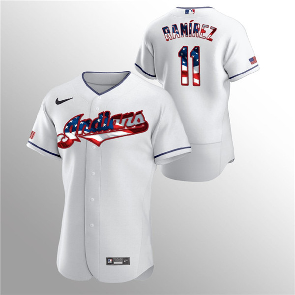 Men's Cleveland Indians #11 Jose Ramirez White 2020 Stars & Stripes Flex Base Stitched Jersey Men's Cleveland Indians #11 Jose Ramirez White 2020 Stars & Stripes Flex Base Stitched Jersey