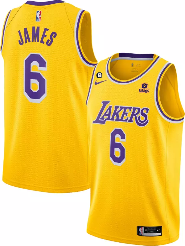 Men's Los Angeles Lakers #6 LeBron James Yellow No.6 Patch Stitched Basketball Jersey Men's Los Angeles Lakers #6 LeBron James Yellow No.6 Patch Stitched Basketball Jersey