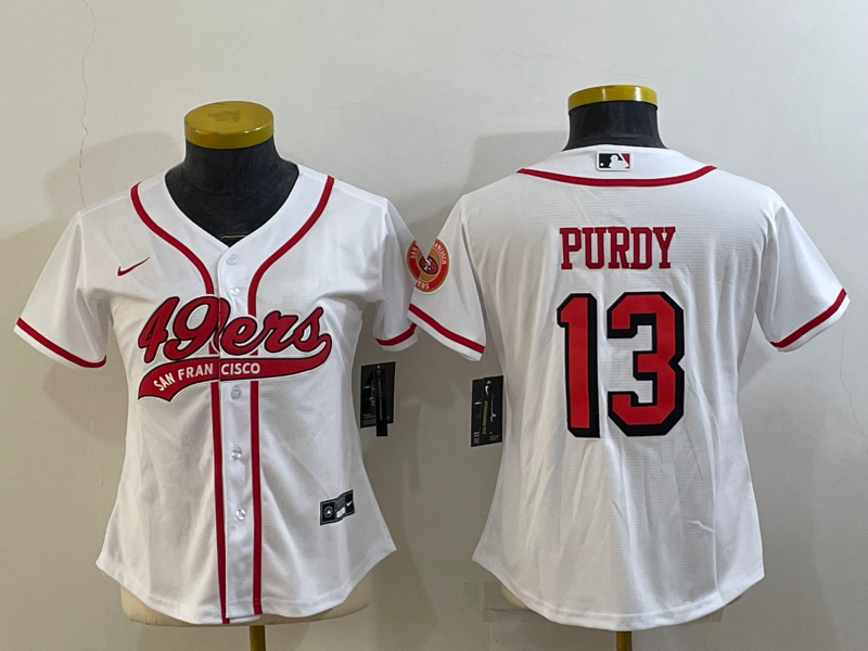 Women's San Francisco 49ers #13 Brock Purdy New White With Patch Cool Base Stitched Baseball Jersey(Run Small) Women's San Francisco 49ers #13 Brock Purdy New White With Patch Cool Base Stitched Baseball Jersey(Run Small)