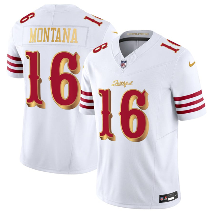 Women's San Francisco 49ers #16 Joe Montana White Gold 2025 F.U.S.E. “Rivalries” Vapor Limited Stitched Football Jersey(Run Small)