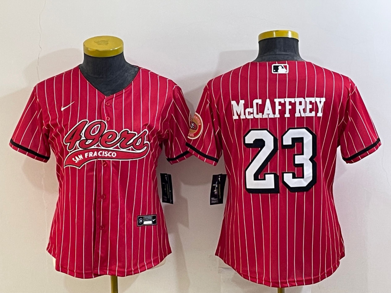 Women's San Francisco 49ers #23 Christian McCaffrey New Red With Patch Cool Base Stitched Baseball Jersey(Run Small) Women's San Francisco 49ers #23 Christian McCaffrey New Red With Patch Cool Base Stitched Baseball Jersey(Run Small)