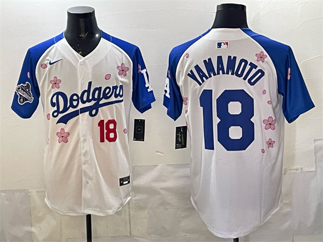 Men's Los Angeles Dodgers #18 Yoshinobu Yamamoto White/Royal 2025 World Series Champions Patch Tokyo Series Limited Stitched Baseball Jersey