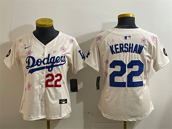 Women's Los Angeles Dodgers #22 Clayton Kershaw Cream 2025 Tokyo Series Limited Stitched Baseball Jersey(Run Small) Women's Los Angeles Dodgers #22 Clayton Kershaw Cream 2025 Tokyo Series Limited Stitched Baseball Jersey(Run Small)