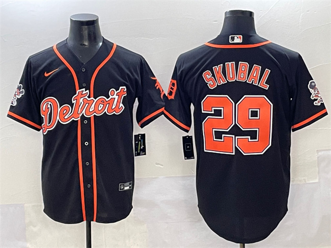 Men's Detroit Tigers #29 Tarik Skubal Black With Patch Cool Base Stitched Baseball Jersey Men's Detroit Tigers #29 Tarik Skubal Black With Patch Cool Base Stitched Baseball Jersey