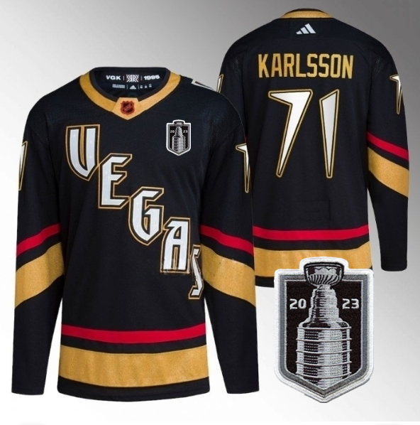Men's Vegas Golden Knights #71 William Karlsson Black 2023 Stanley Cup Final Stitched Jersey Men's Vegas Golden Knights #71 William Karlsson Black 2023 Stanley Cup Final Stitched Jersey