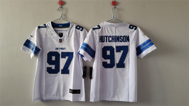 Women's Detroit Lions #97 Aidan Hutchinson White Vapor Stitched Jersey(Run Smaller) Women's Detroit Lions #97 Aidan Hutchinson White Vapor Stitched Jersey(Run Smaller)