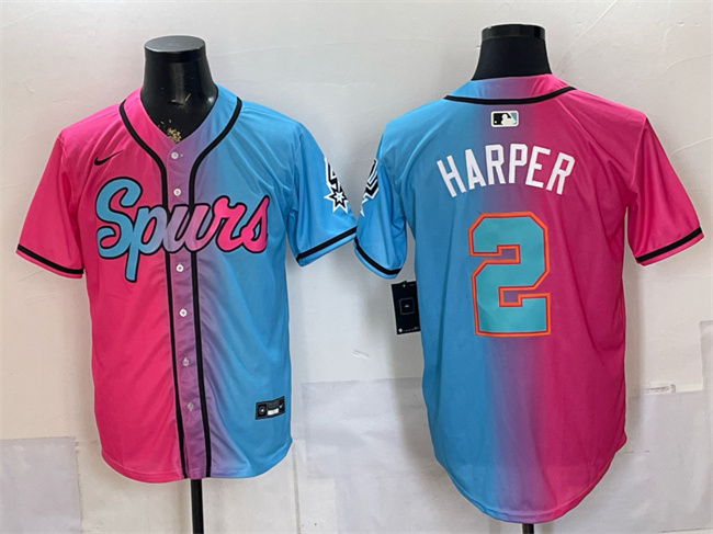 Men's San Antonio Spurs #2 Dylan Harper Pink/Blue Limited Stitched Baseball Jersey Men's San Antonio Spurs #2 Dylan Harper Pink/Blue Limited Stitched Baseball Jersey
