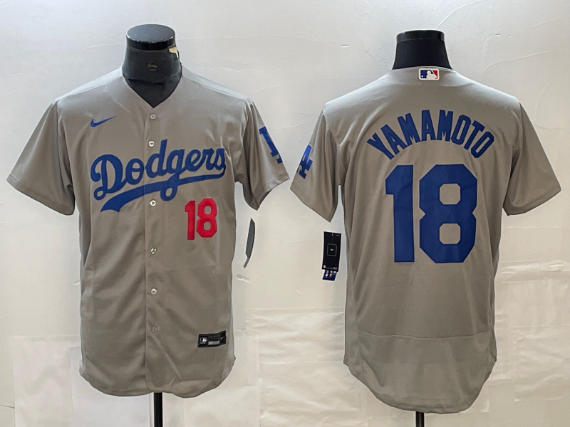 Men's Los Angeles Dodgers #18 Yoshinobu Yamamoto Gray 2023 Flex Base Stitched Baseball Jersey