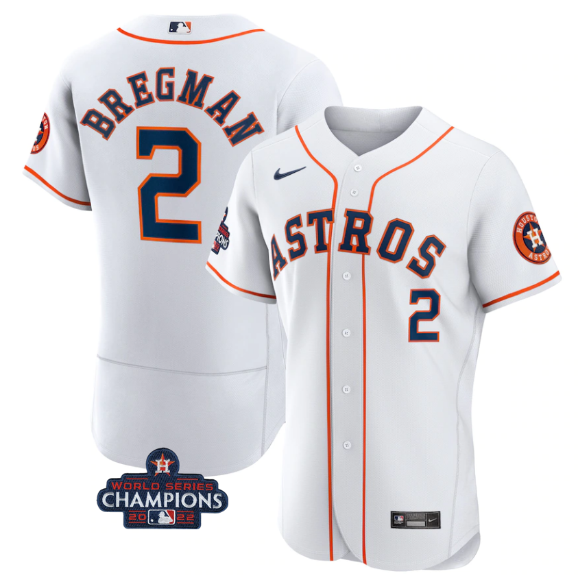 Men's Houston Astros #2 Alex Bregman White 2022 World Series Champions Flex Base Stitched Baseball Jersey Men's Houston Astros #2 Alex Bregman White 2022 World Series Champions Flex Base Stitched Baseball Jersey