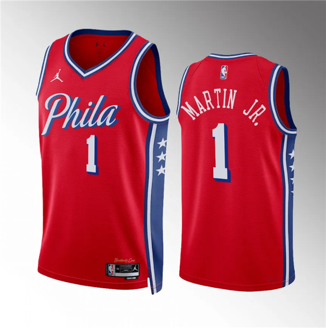 Men's Philadelphia 76ers #1 Kenyon Martin Jr Red Statement Edition Stitched Jersey Men's Philadelphia 76ers #1 Kenyon Martin Jr Red Statement Edition Stitched Jersey