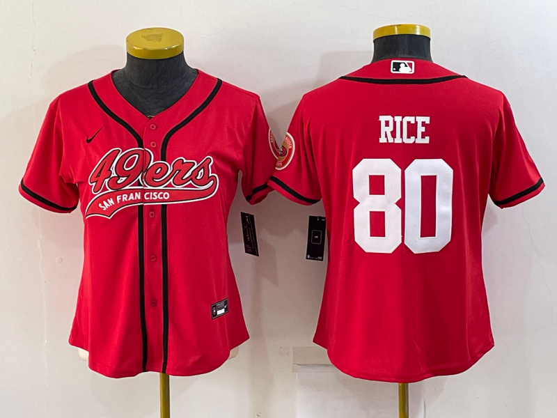 Women's San Francisco 49ers #80 Jerry Rice Red With Patch Cool Base Stitched Baseball Jersey(Run Small) Women's San Francisco 49ers #80 Jerry Rice Red With Patch Cool Base Stitched Baseball Jersey(Run Small)