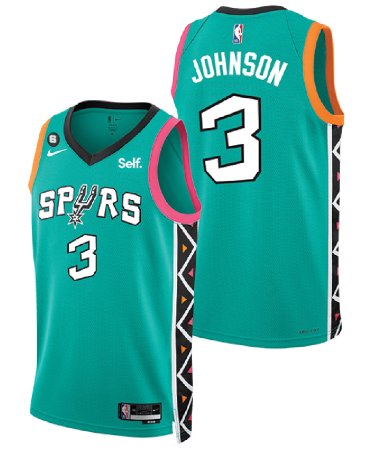 Men's San Antonio Spurs #3 Keldon Johnson Teal 2022 City Edition With NO.6 Patch Swingman Stitched Jersey Men's San Antonio Spurs #3 Keldon Johnson Teal 2022 City Edition With NO.6 Patch Swingman Stitched Jersey