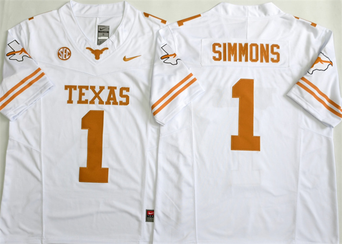 Men's Texas Longhorns #1 Colin Simmons White 2026 F.U.S.E. Stitched Jersey