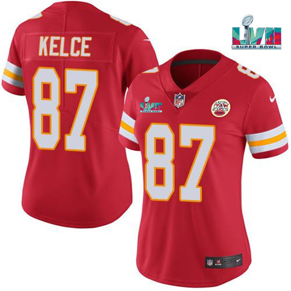 Women's Kansas City Chiefs #87 Travis Kelce Red Super Bowl LVII Patch Vapor Stitched Jersey(Run Small) Women's Kansas City Chiefs #87 Travis Kelce Red Super Bowl LVII Patch Vapor Stitched Jersey(Run Small)