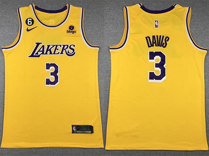 Men's Los Angeles Lakers #3 Anthony Davis Yellow Edition With NO.6 Patch Stitched Basketball Jersey 001 Men's Los Angeles Lakers #3 Anthony Davis Yellow Edition With NO.6 Patch Stitched Basketball Jersey 001