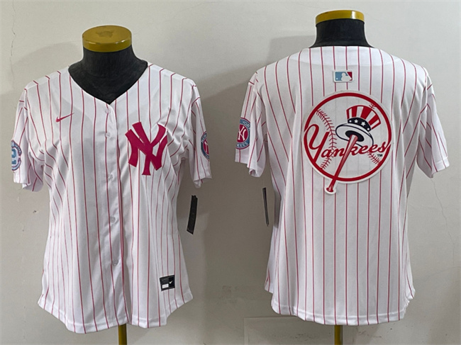 Youth New York Yankees Team Big Logo White/Pink Pinstripe Limited Stitched Baseball Jersey 002