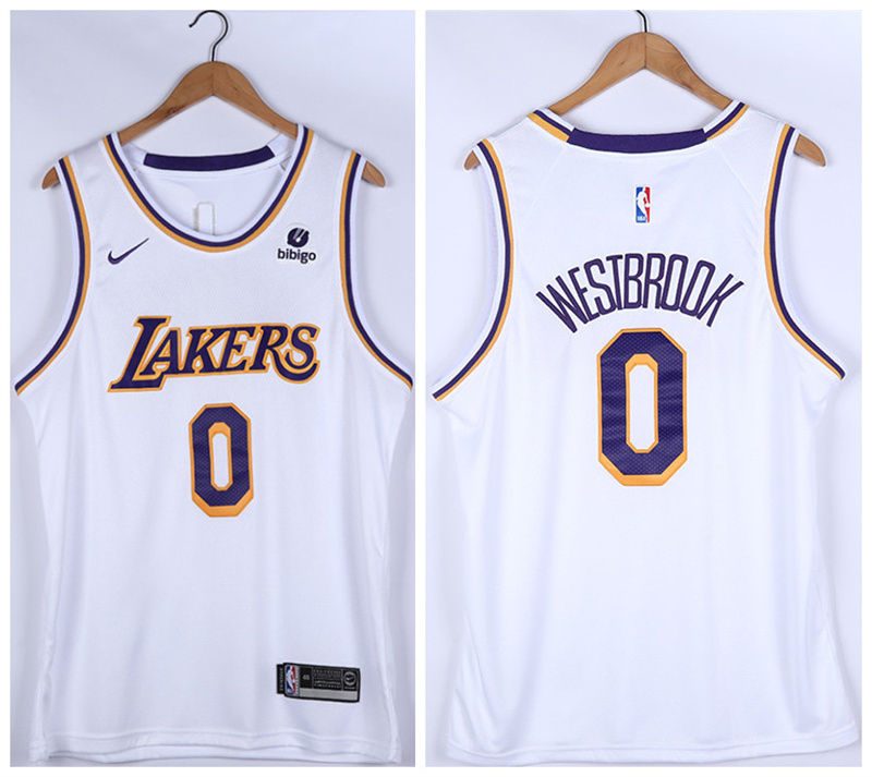 Men's Los Angeles Lakers #0 Russell Westbrook "bibigo" White Stitched Basketball Jersey Men's Los Angeles Lakers #0 Russell Westbrook "bibigo" White Stitched Basketball Jersey