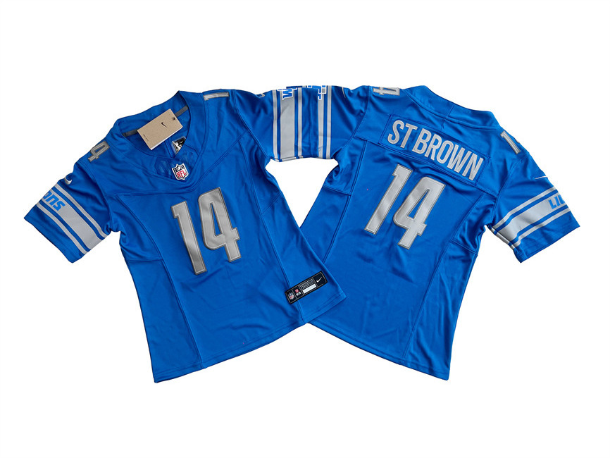 Women's Detroit Lions #14 Amon-Ra St. Brown Blue 2023 F.U.S.E. Vapor Limited Stitched Football Jersey(Run Smaller) Women's Detroit Lions #14 Amon-Ra St. Brown Blue 2023 F.U.S.E. Vapor Limited Stitched Football Jersey(Run Smaller)