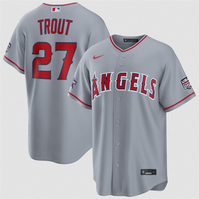 Men's Los Angeles Angels #27 Mike Trout Gray 2026 All-Star Game & USA 250 Patch Stitched Baseball Jersey