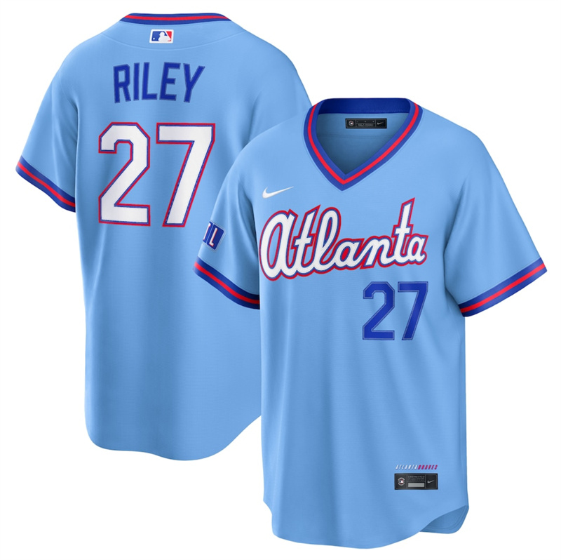 Men's Atlanta Braves #27 Austin Riley Powder Blue 2026 City Connect Stadium Stitched Baseball Jersey Men's Atlanta Braves #27 Austin Riley Powder Blue 2026 City Connect Stadium Stitched Baseball Jersey