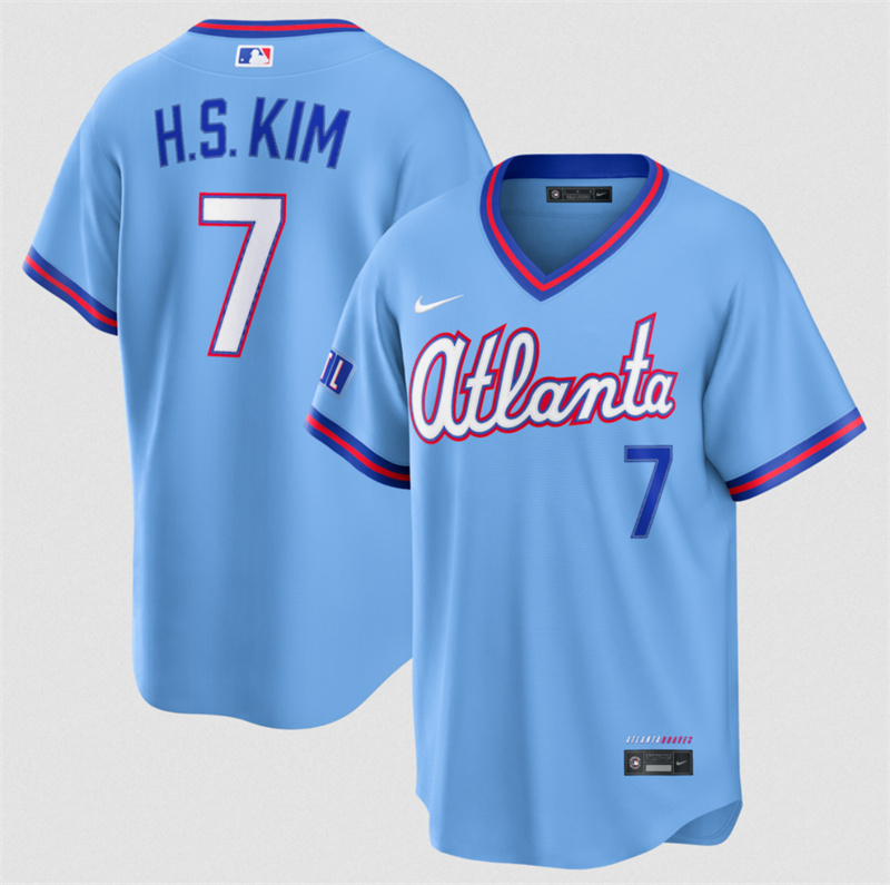 Men's Atlanta Braves #7 Ha-Seong Kim Powder Blue 2026 City Connect Stadium Stitched Baseball Jersey Men's Atlanta Braves #7 Ha-Seong Kim Powder Blue 2026 City Connect Stadium Stitched Baseball Jersey