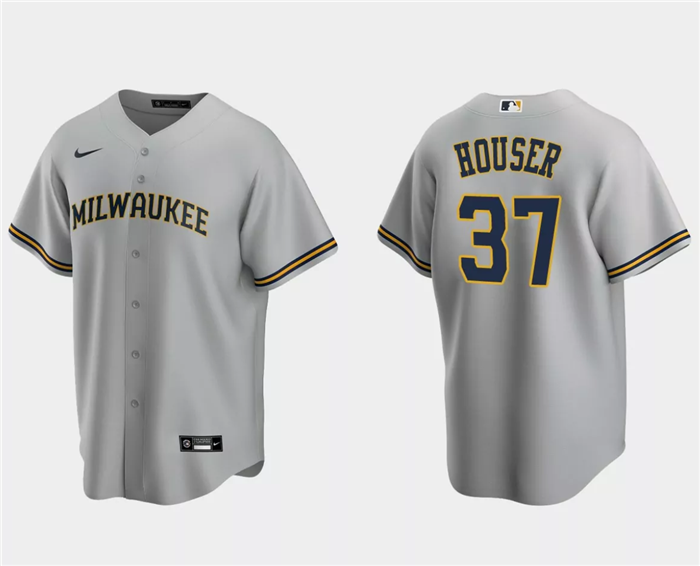 Men's Milwaukee Brewers #37 Adrian Houser Grey Cool Base Stitched Jersey Men's Milwaukee Brewers #37 Adrian Houser Grey Cool Base Stitched Jersey