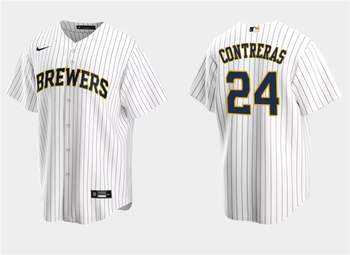 Men's Milwaukee Brewers #24 William Contreras White Cool Base Stitched Jersey Men's Milwaukee Brewers #24 William Contreras White Cool Base Stitched Jersey