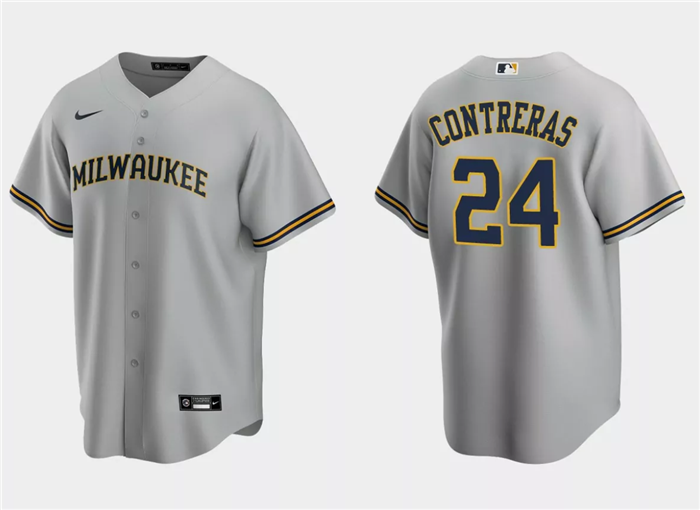 Men's Milwaukee Brewers #24 William Contreras Grey Cool Base Stitched Jersey Men's Milwaukee Brewers #24 William Contreras Grey Cool Base Stitched Jersey