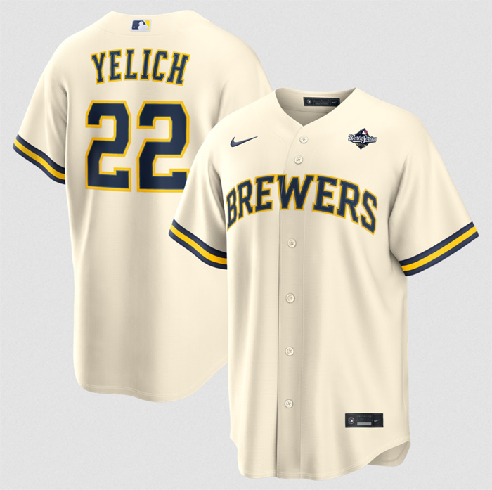 Men's Milwaukee Brewers #22 Christian Yelich Cream 2026 World Series Cool Base Stitched Baseball Jersey Men's Milwaukee Brewers #22 Christian Yelich Cream 2026 World Series Cool Base Stitched Baseball Jersey