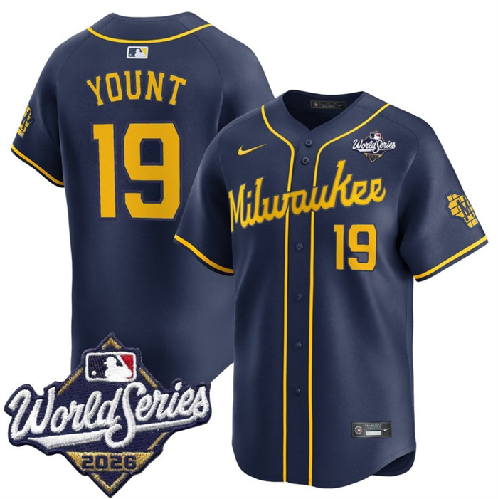 Men's Milwaukee Brewers #19 Robin Yount Navy 2026 World Series Alternate Limited Stitched Baseball Jersey Men's Milwaukee Brewers #19 Robin Yount Navy 2026 World Series Alternate Limited Stitched Baseball Jersey
