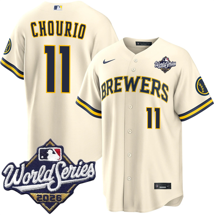 Men's Milwaukee Brewers #11 Jackson Chourio Cream 2026 World Series Stitched Baseball Jersey