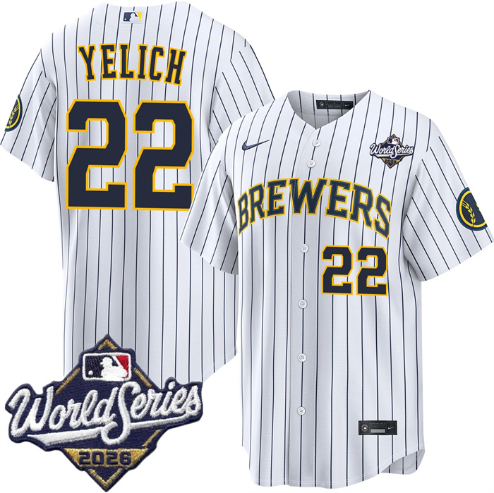 Men's Milwaukee Brewers #22 Christian Yelich White 2026 World Series Stitched Baseball Jersey