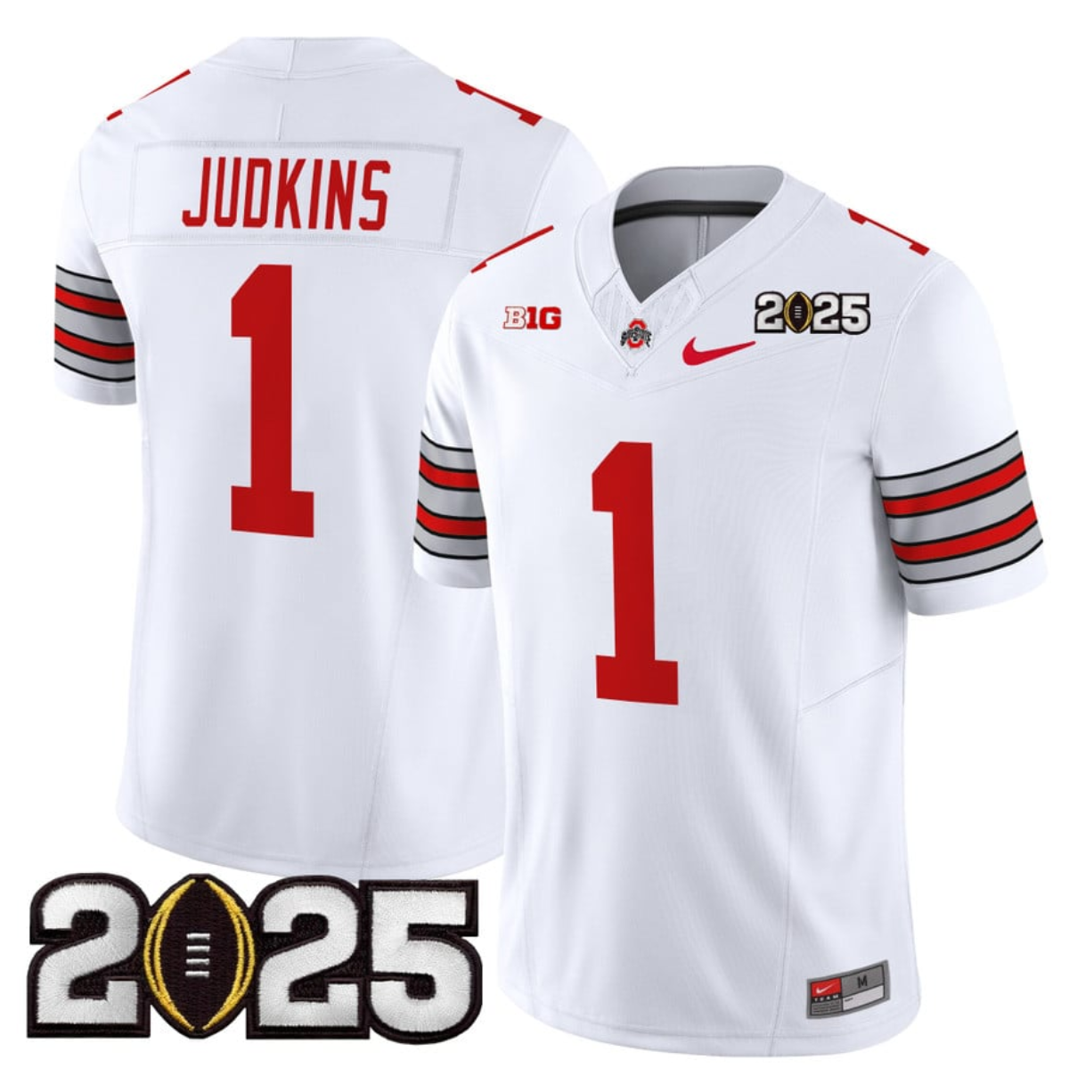 Men's Ohio State Buckeyes #1 Quinshon Judkins White 2025 CFP Final Patch F.U.S.E. Vapor Limited Stitched Football Jersey Men's Ohio State Buckeyes #1 Quinshon Judkins White 2025 CFP Final Patch F.U.S.E. Vapor Limited Stitched Football Jersey