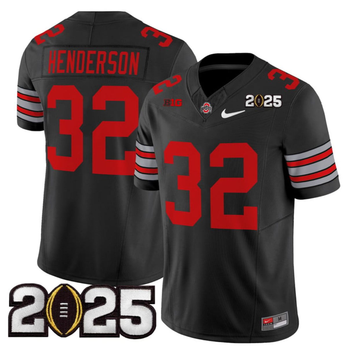 Men's Ohio State Buckeyes #32 TreVeyon Henderson Black 2025 CFP Final Patch F.U.S.E. Vapor Limited Stitched Football Jersey Men's Ohio State Buckeyes #32 TreVeyon Henderson Black 2025 CFP Final Patch F.U.S.E. Vapor Limited Stitched Football Jersey