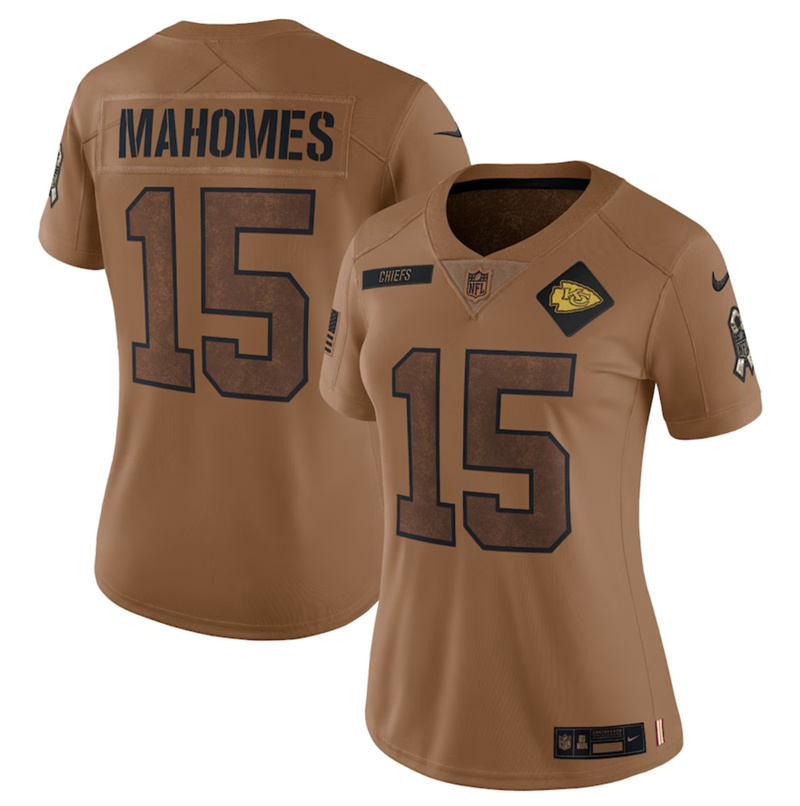 Women's Kansas City Chiefs #15 Patrick Mahomes 2023 Brown Salute To Service Limited Stitched Football Jersey(Run Small) Women's Kansas City Chiefs #15 Patrick Mahomes 2023 Brown Salute To Service Limited Stitched Football Jersey(Run Small)