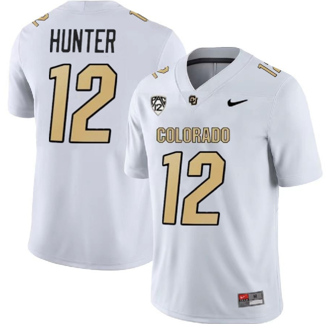 Men's Colorado Buffaloes #12 Travis Hunter White With PAC-12 Patch Stitched Football Jersey Men's Colorado Buffaloes #12 Travis Hunter White With PAC-12 Patch Stitched Football Jersey