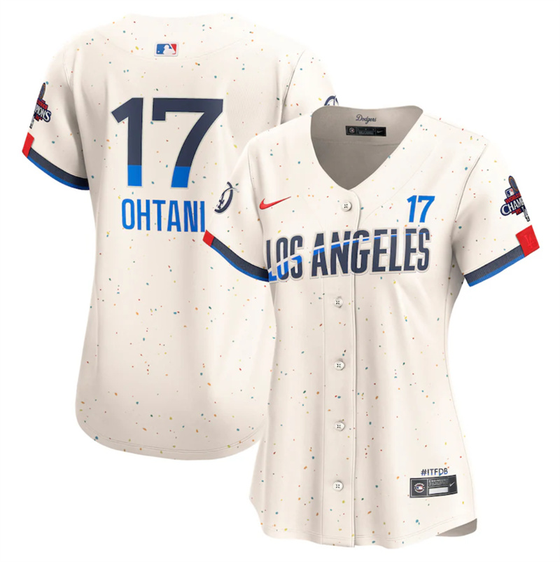 Women's Los Angeles Dodgers #17 Shohei Ohtani Cream 2024 World Series Champions City Connect Limited Stitched Baseball Jersey (Run Small)) Women's Los Angeles Dodgers #17 Shohei Ohtani Cream 2024 World Series Champions City Connect Limited Stitched Baseball Jersey (Run Small))