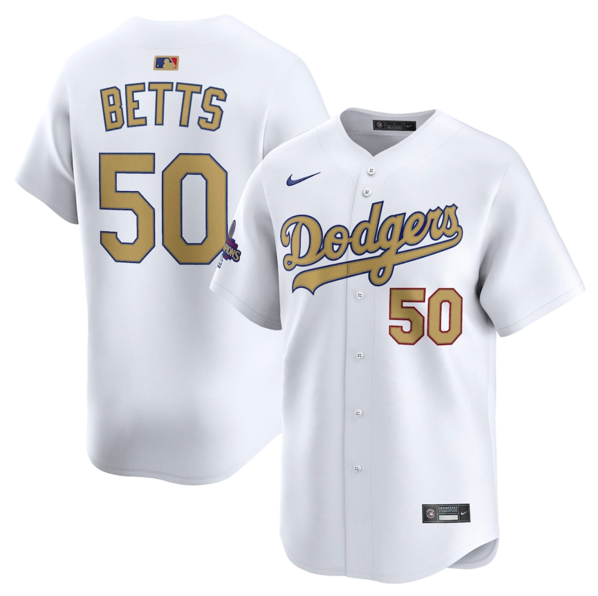 Youth Los Angeles Dodgers #50 Mookie Betts White 2025 Gold Collection Limited Stitched Baseball Jersey Youth Los Angeles Dodgers #50 Mookie Betts White 2025 Gold Collection Limited Stitched Baseball Jersey