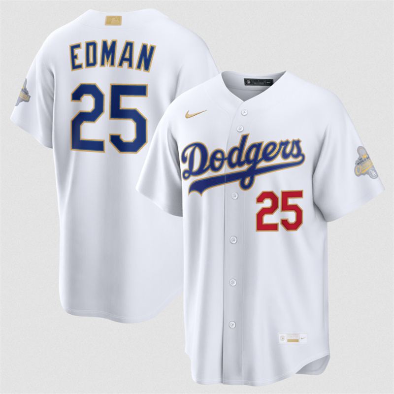 Men's Los Angeles Dodgers #25 Tommy Edman White 2026 Gold Collection Stadium Stitched Baseball Jersey Men's Los Angeles Dodgers #25 Tommy Edman White 2026 Gold Collection Stadium Stitched Baseball Jersey