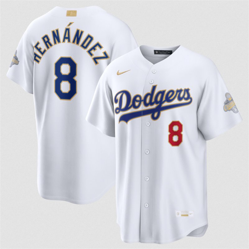 Men's Los Angeles Dodgers #8 Enrique Hernández White 2026 Gold Collection Stadium Stitched Baseball Jersey Men's Los Angeles Dodgers #8 Enrique Hernández White 2026 Gold Collection Stadium Stitched Baseball Jersey