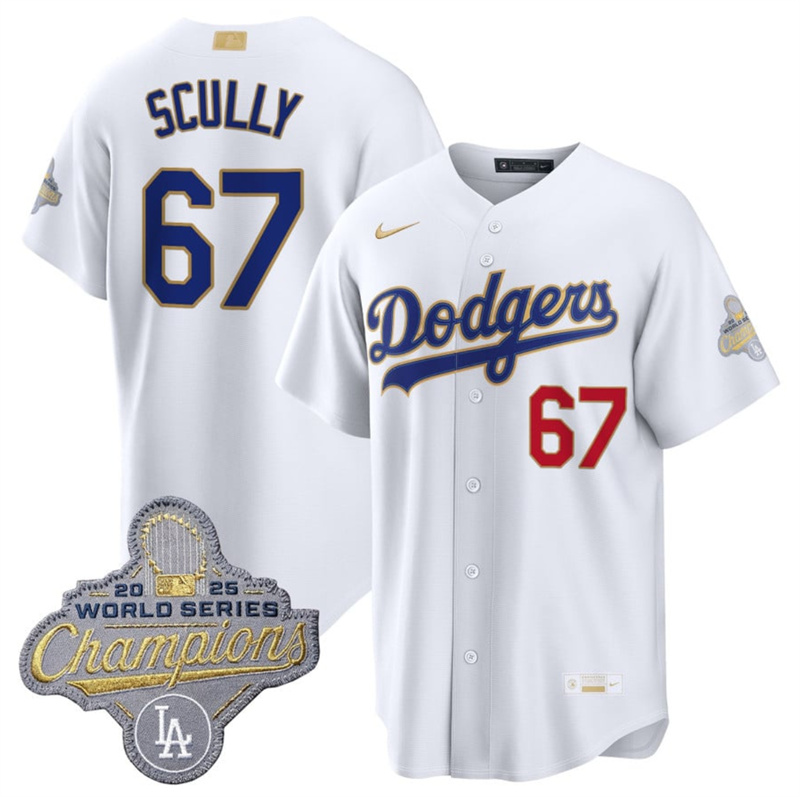 Men's Los Angeles Dodgers #67 Vin Scully White 2026 Gold Collection Stadium Stitched Baseball Jersey Men's Los Angeles Dodgers #67 Vin Scully White 2026 Gold Collection Stadium Stitched Baseball Jersey